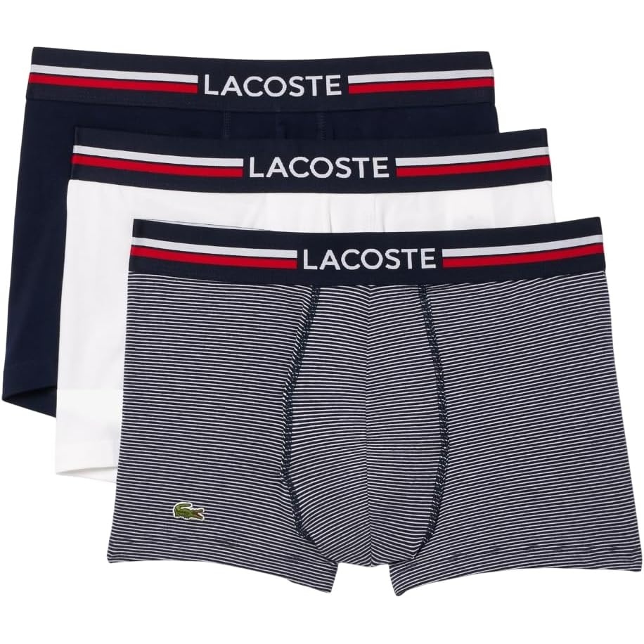 image:imageLacoste Mens Cotton Stretch Essentials Trunks 3packNavy BlueWhiteNavy Striped