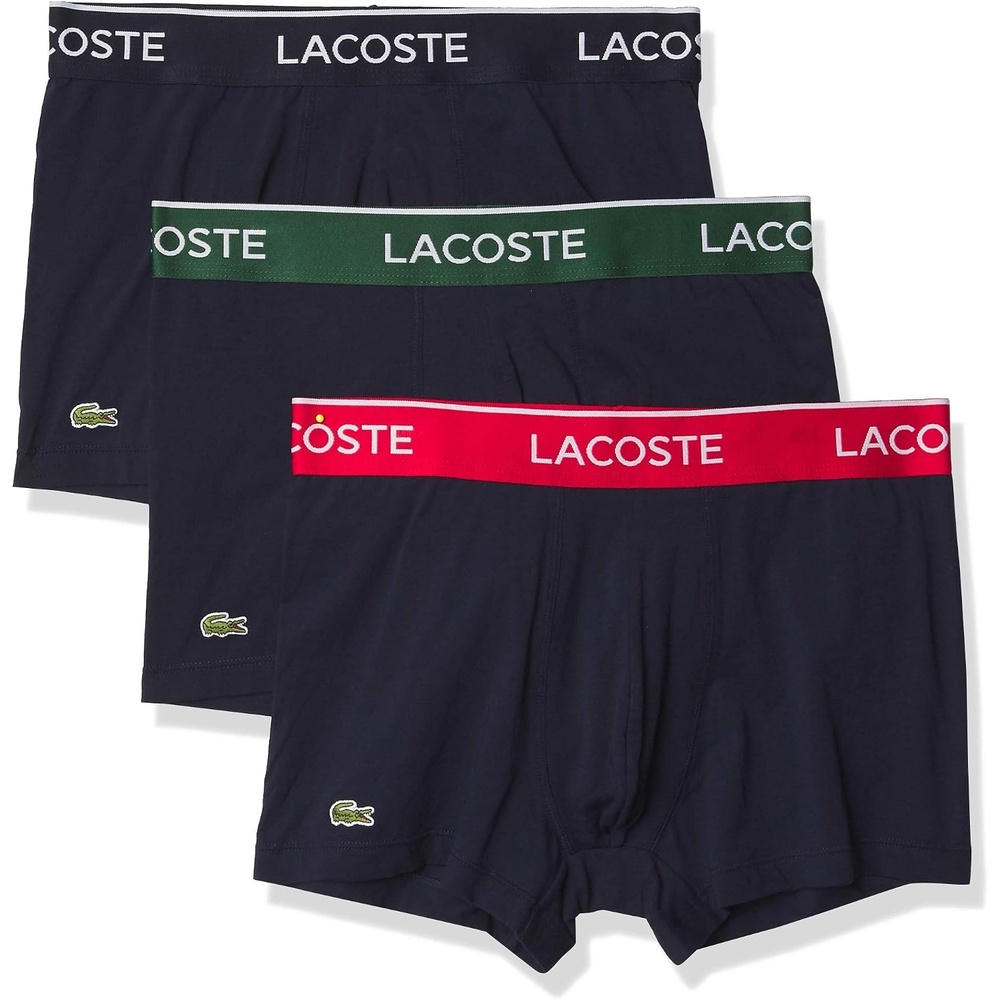 image:imageLacoste Mens Cotton Stretch Essentials Trunks 3packNavy With Azure BlueGreen PepperMustard Waistbands New