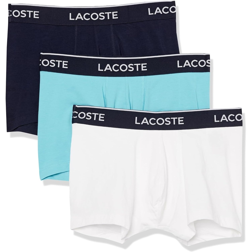 image:imageLacoste Mens Cotton Stretch Essentials Trunks 3packWhiteNavy BlueBright Blue