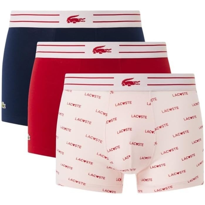 image:imageLacoste Mens Cotton Stretch Lacoste Diagonal Print Trunks 3packNavy BlueDog RoseLadybird Red