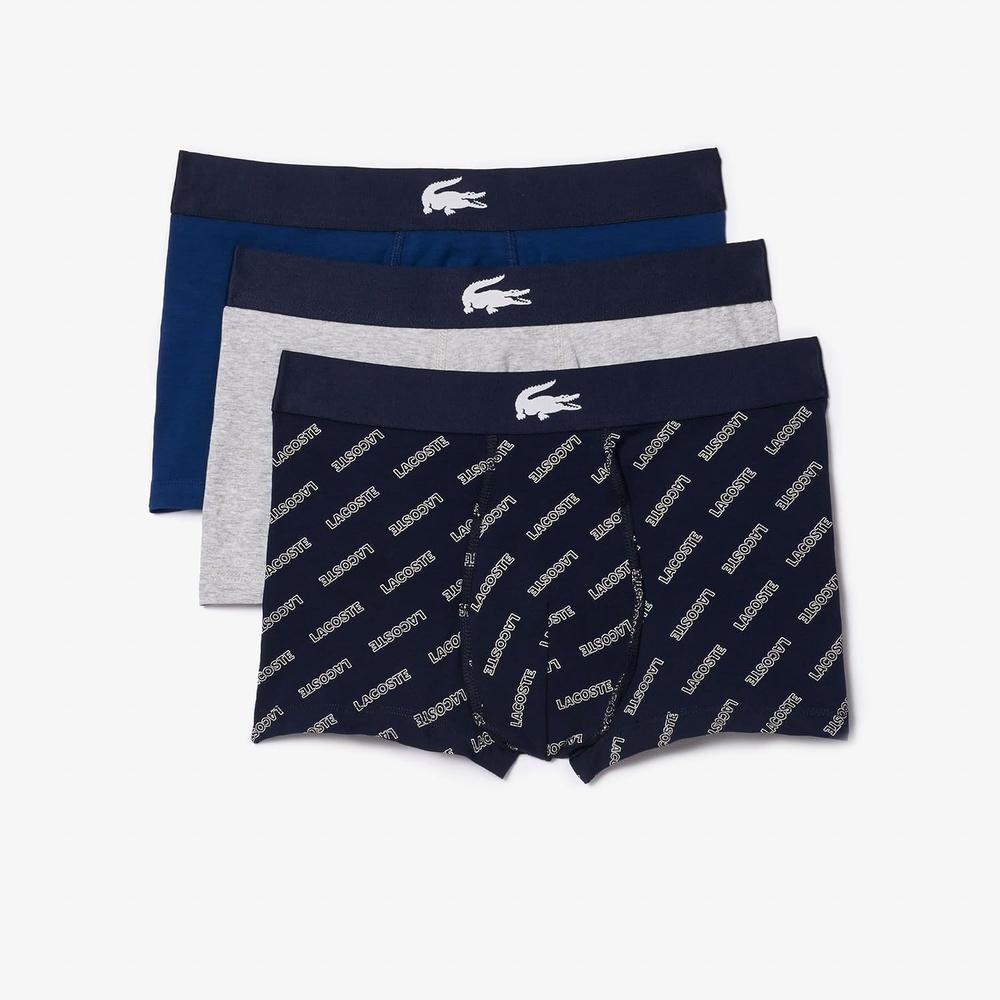 image:imageLacoste Mens Cotton Stretch Lacoste Diagonal Print Trunks 3packNavy BlueSilverCharcoal