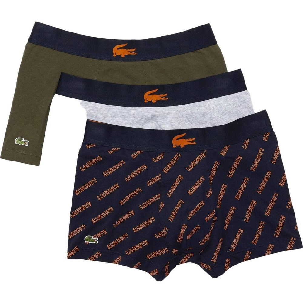image:imageLacoste Mens Cotton Stretch Lacoste Diagonal Print Trunks 3packNavy BlueSnapDark OliveDove Grey