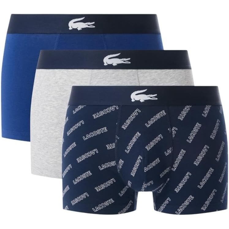 image:imageLacoste Mens Cotton Stretch Lacoste Diagonal Print Trunks 3packNavy BlueWhiteDove Grey