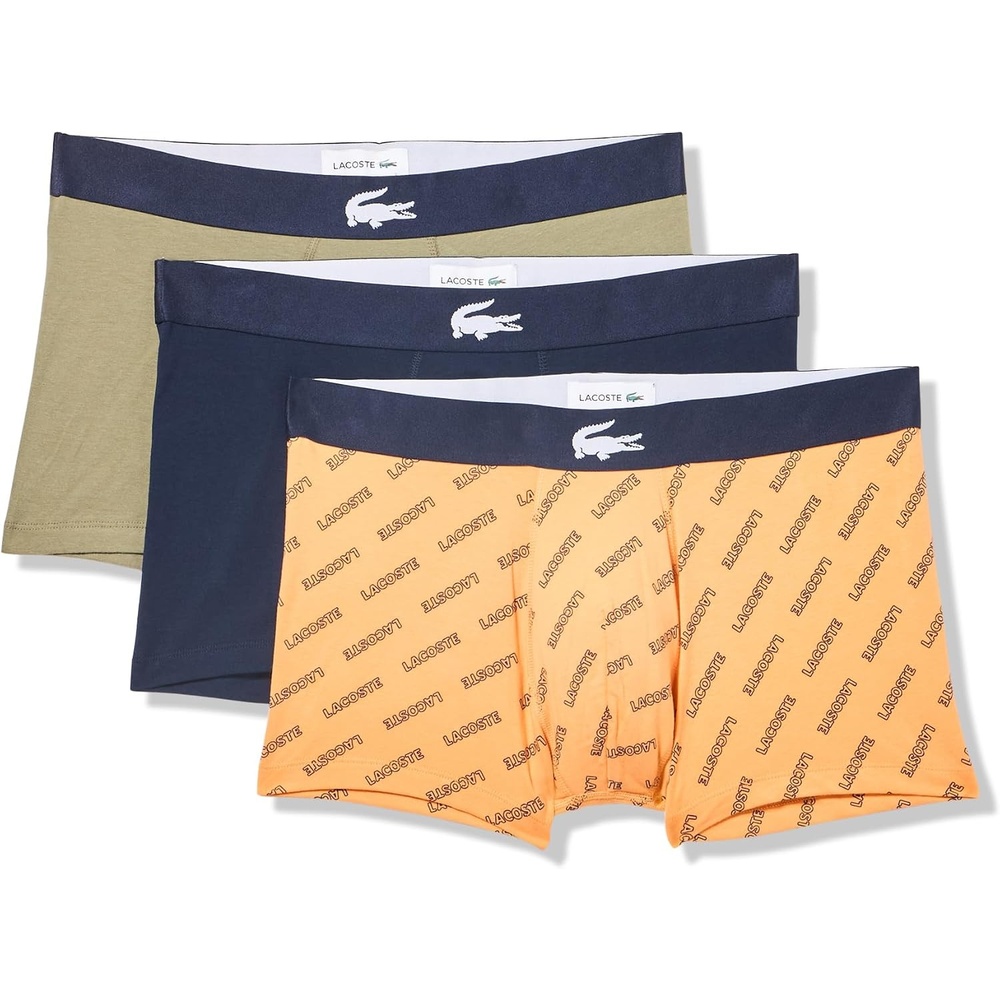 image:imageLacoste Mens Cotton Stretch Lacoste Diagonal Print Trunks 3packOrangeNavy BlueKhaki Green