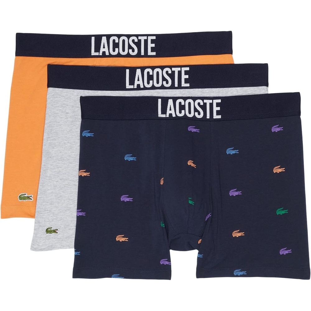 image:imageLacoste Mens Cotton Stretch Mini Croc Print Boxer Briefs 3packNavy BlueMulticolorDove GreyMandarin Tree Orange