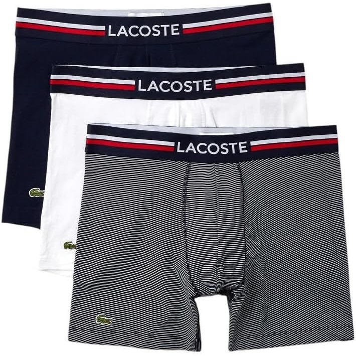 image:imageLacoste Mens Cotton Stretch Tricolor Waistband Boxer Briefs 3packNavy BlueWhite