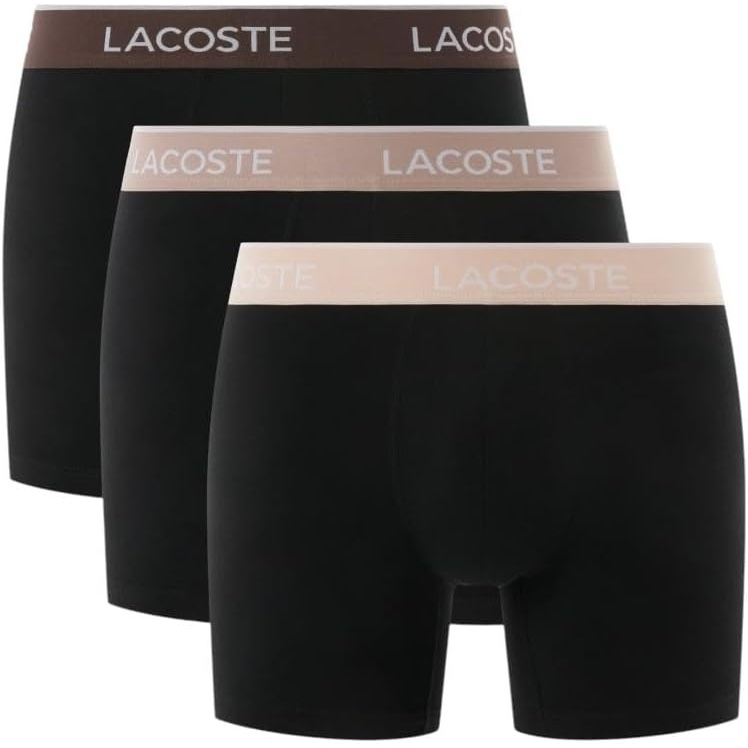 image:imageLacoste Mens Long Stretch Cotton Jersey Boxer Brief 3packBlack With BiscuitBaguetteBeige Waistbands