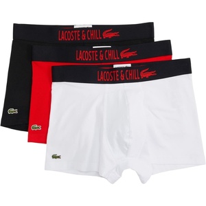 Lacoste 3-Pack All Over Print Active Microfiber Trunks(Black/Electric Red/White With Black/Electric Red Waistbands)