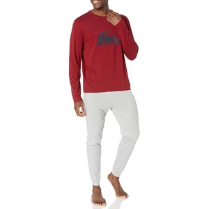 Lacoste Men’s Branding Crew Neck Sweatshirt Pajama Set(Burgundyundy/Graphite/Moonstone)