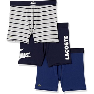Lacoste Men’s Cotton Stretch Big Croc Print Boxer Briefs, 3-pack(Navy Blue/White/Dove Grey/Deep Ocean)