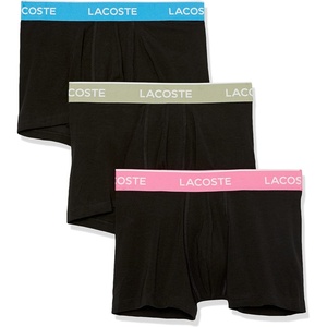 Lacoste Men’s Cotton Stretch Essentials Trunks, 3-pack(Black With Azure Blue/Sage Grey/Pink Waistbands)