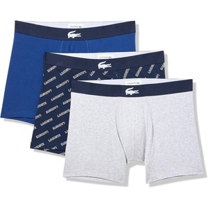 Lacoste Men’s Cotton Stretch Lacoste Diagonal Print Boxer Briefs, 3-Pack(Navy Blue/White/Grey)