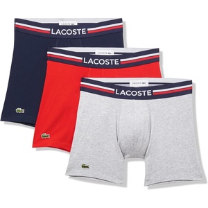 Lacoste Men’s Cotton Stretch Tricolor Waistband Boxer Briefs, 3-pack(Navy Blue/Dove Grey/Red)