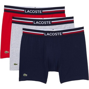 Lacoste Men’s Cotton Stretch Tricolor Waistband Boxer Briefs, 3-pack(Navy/Silver/Red)
