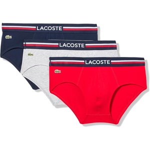 Lacoste Men’s Cotton Stretch Tricolor Waistband Briefs, 3-pack(Navy Blue/Grey/Red)