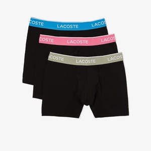 Lacoste Men’s Long Stretch Cotton Jersey Boxer Brief 3-pack(Black With Azure Blue/Sage Grey/Pink Waistbands)