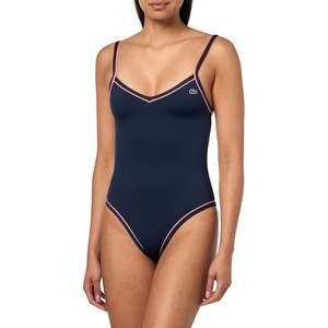 Lacoste Women’s One Piece V-Neck Swimsuit(Navy Blue/Red/White Stripe)