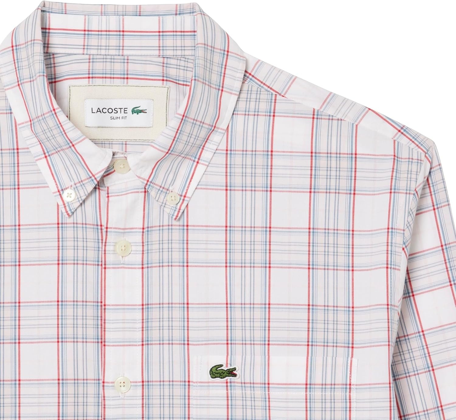 image:imageLacoste Mens Check Print Stretch ShirtWhite Flamingo Red