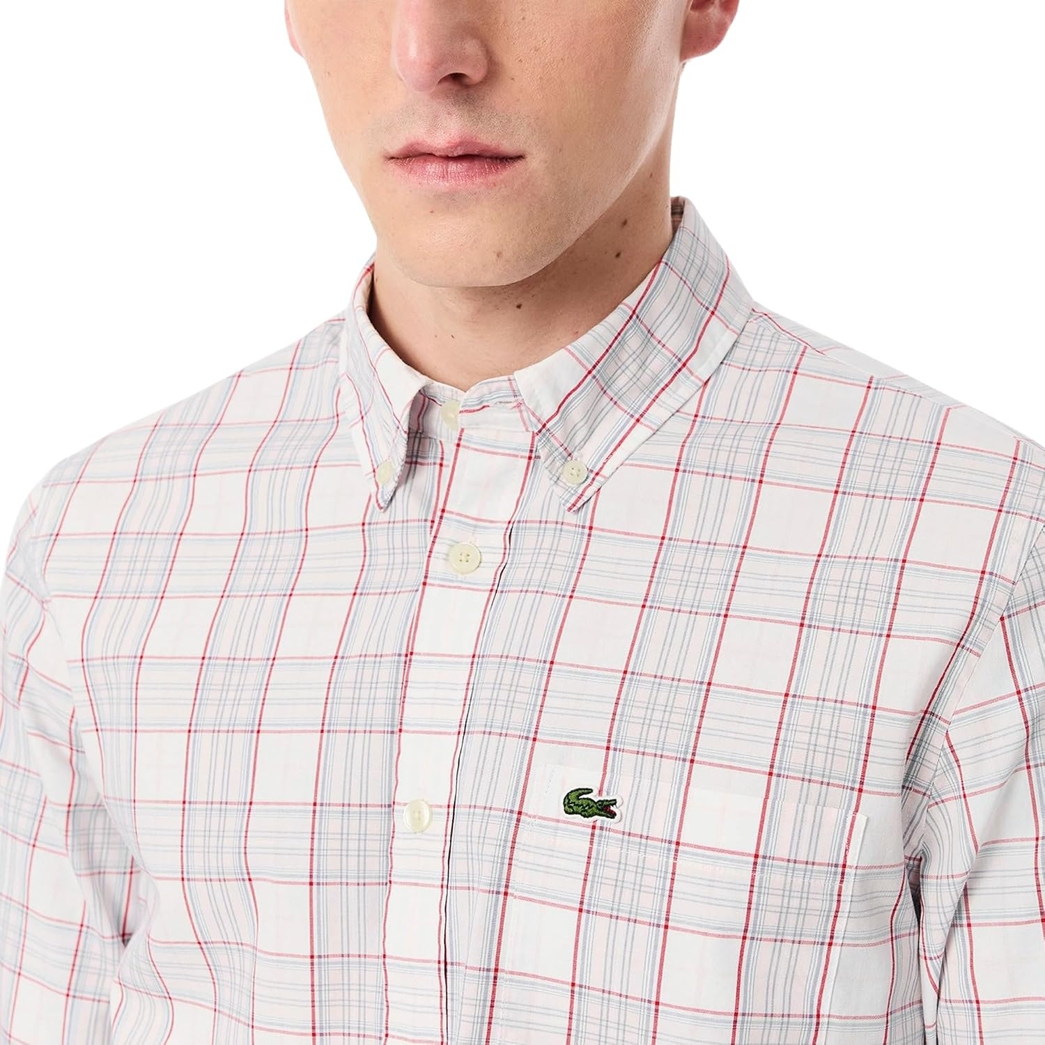image:imageLacoste Mens Check Print Stretch ShirtWhite Flamingo Red