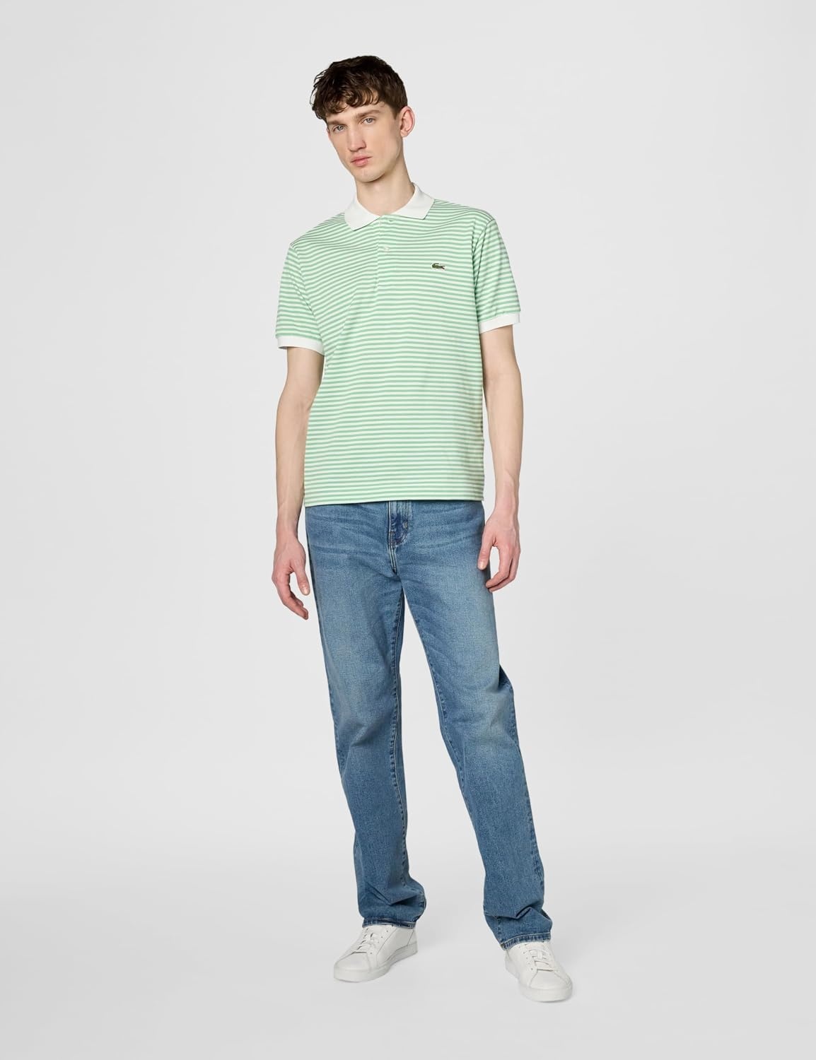 image:imageLacoste Mens Classic Fit L1212 Striped Petit Piqu Polo ShirtWhite Liamone