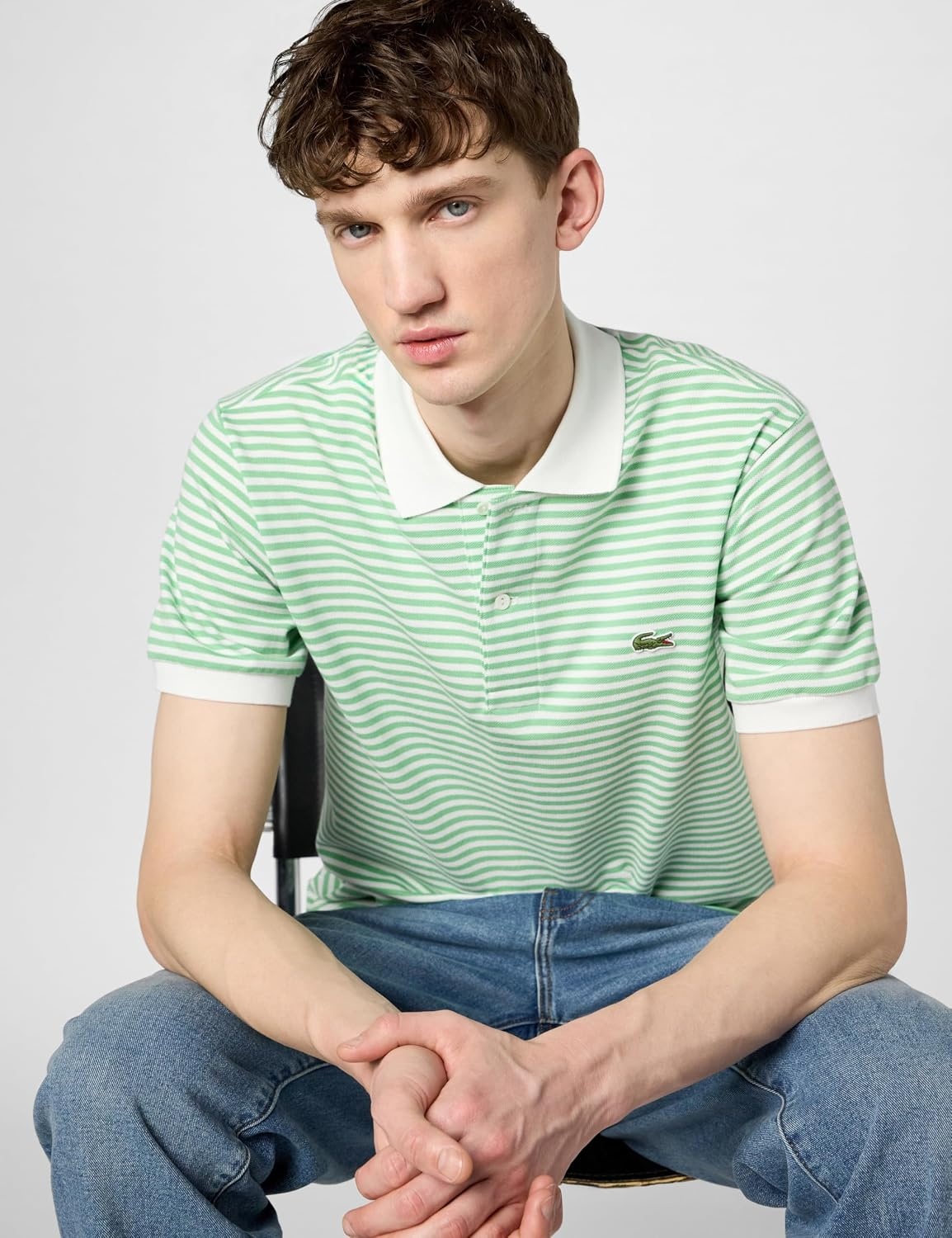 image:imageLacoste Mens Classic Fit L1212 Striped Petit Piqu Polo ShirtWhite Liamone