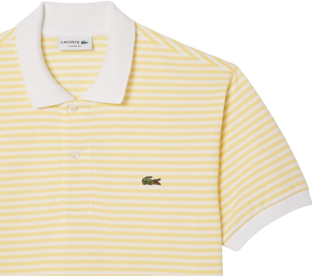 image:imageLacoste Mens Classic Fit L1212 Striped Petit Piqu Polo ShirtWhite Yellow