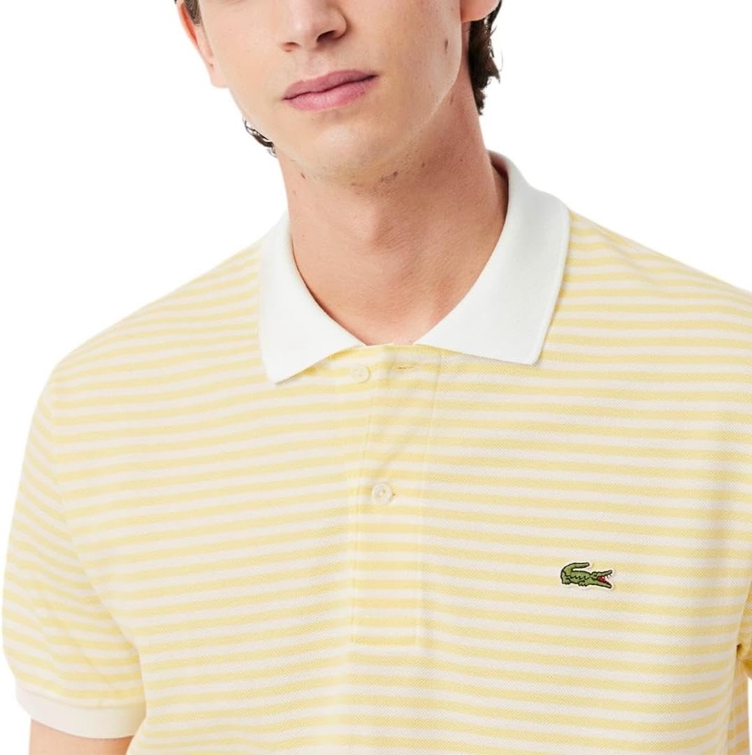 image:imageLacoste Mens Classic Fit L1212 Striped Petit Piqu Polo ShirtWhite Yellow