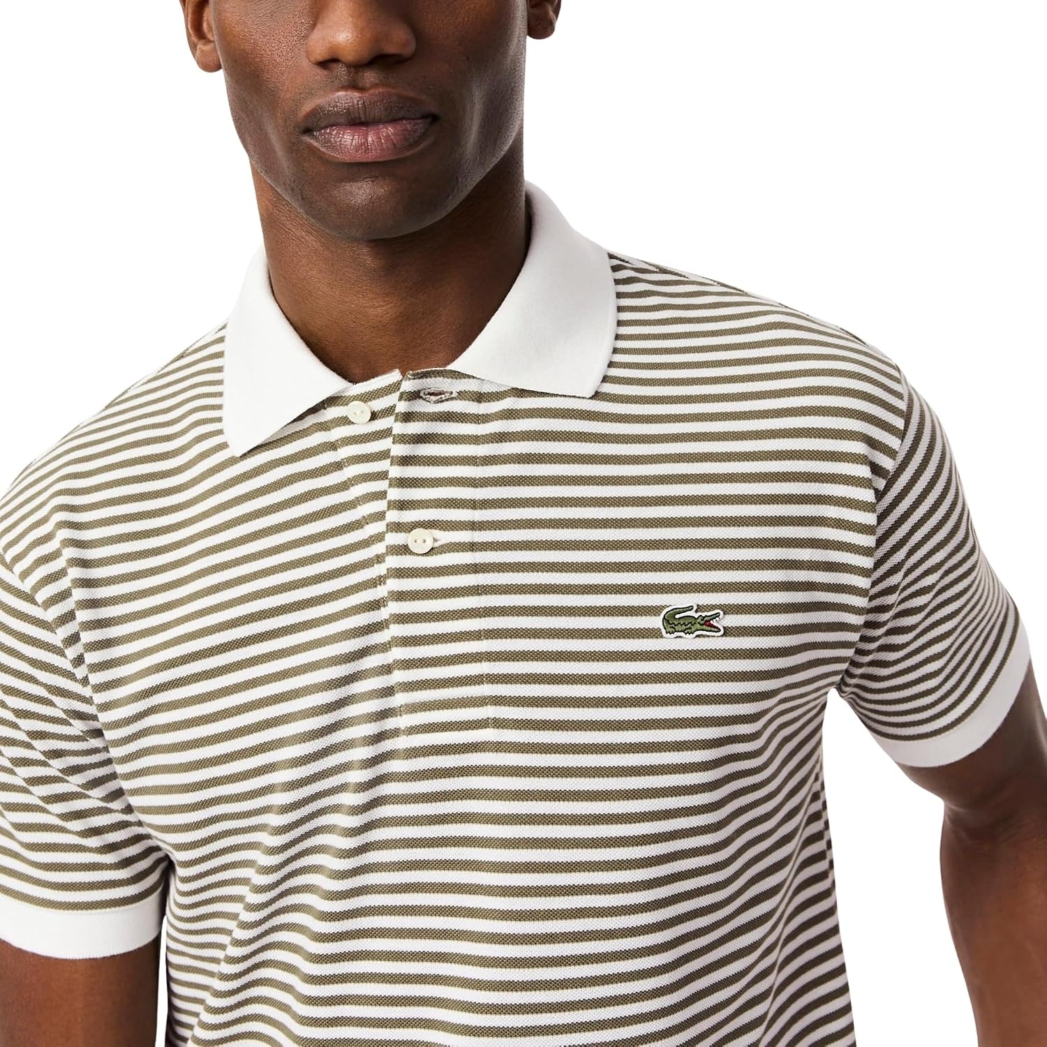 image:imageLacoste Mens Classic Fit L1212 Striped Petit Piqu Polo ShirtWhiteOlive