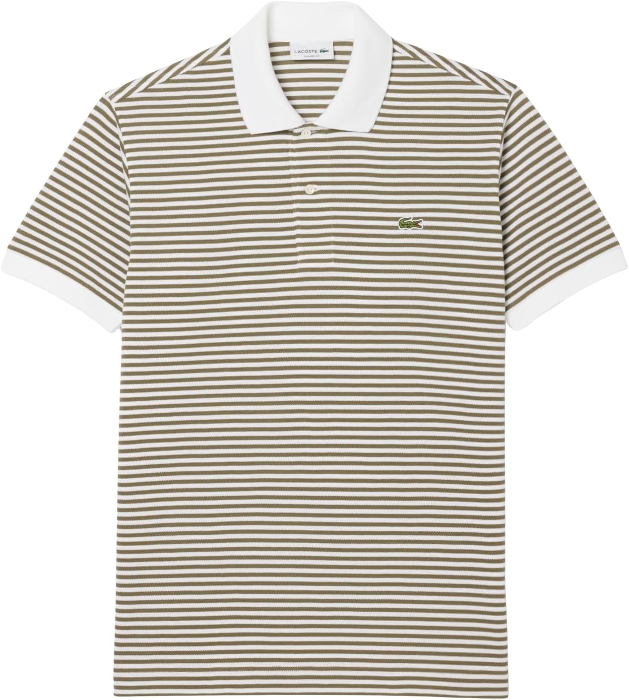 image:imageLacoste Mens Classic Fit L1212 Striped Petit Piqu Polo ShirtWhiteOlive