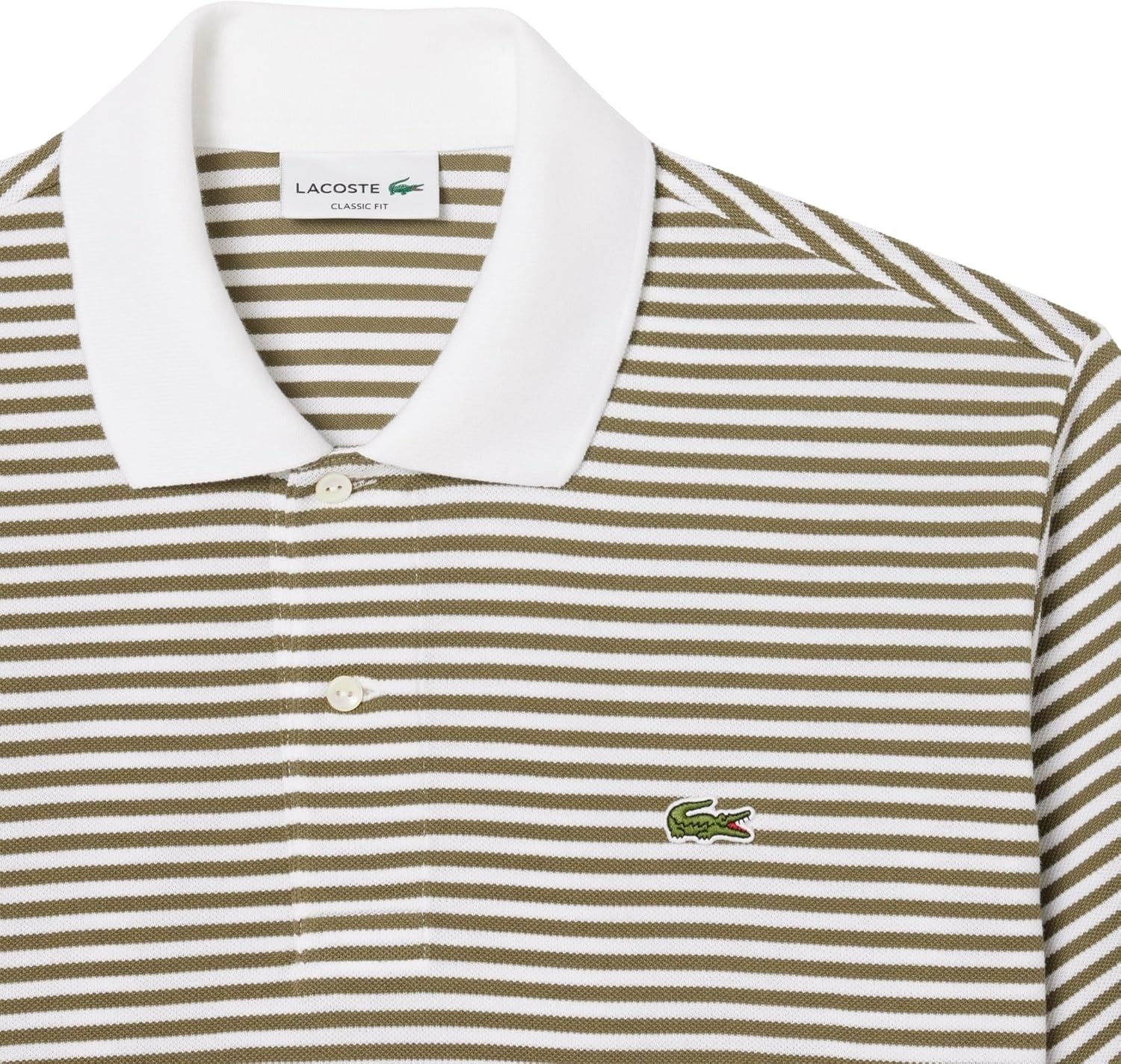 image:imageLacoste Mens Classic Fit L1212 Striped Petit Piqu Polo ShirtWhiteOlive