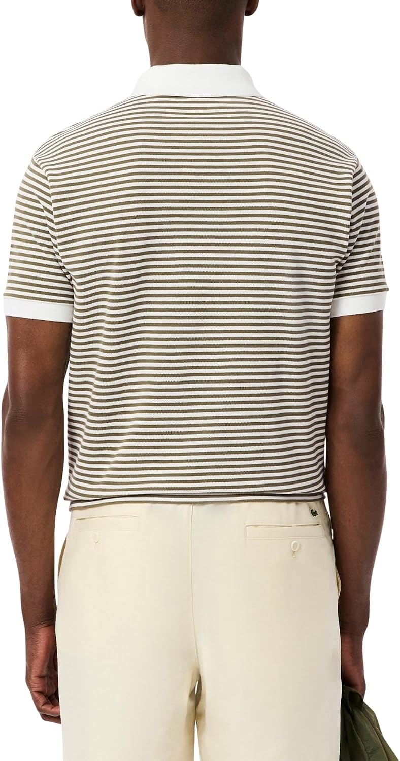 image:imageLacoste Mens Classic Fit L1212 Striped Petit Piqu Polo ShirtWhiteOlive