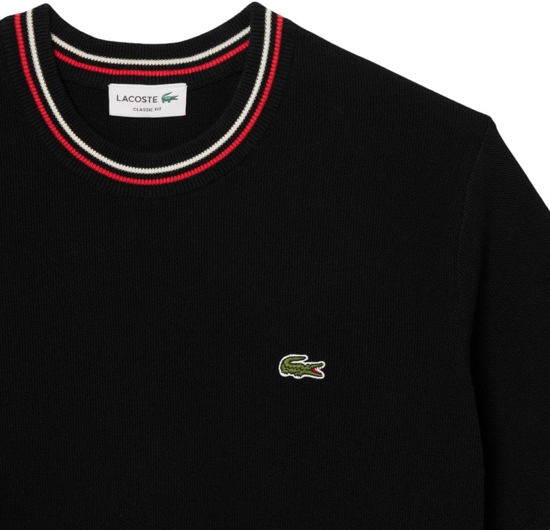 image:imageLacoste Mens Classic Fit Stripe Detail Knit TShirtBlack Red Off White