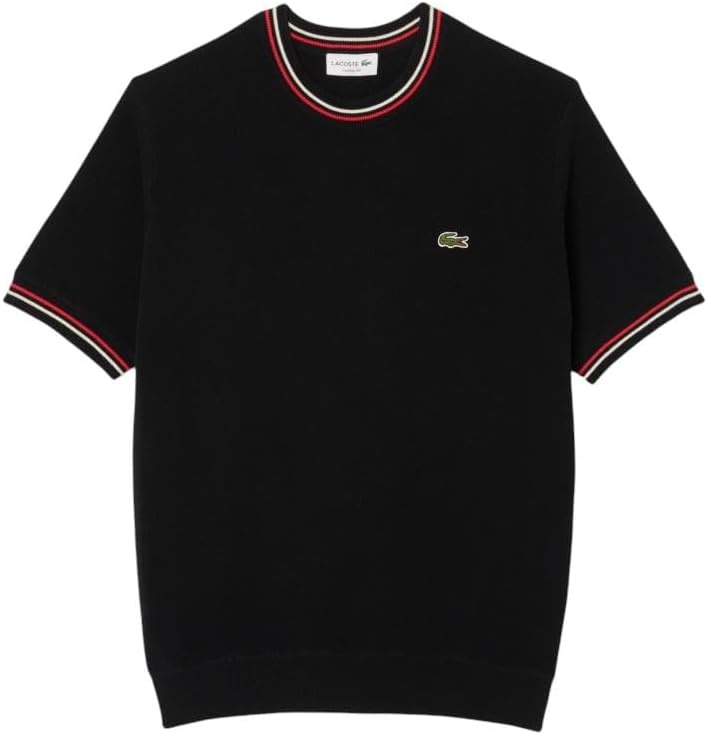 image:imageLacoste Mens Classic Fit Stripe Detail Knit TShirtBlack Red Off White