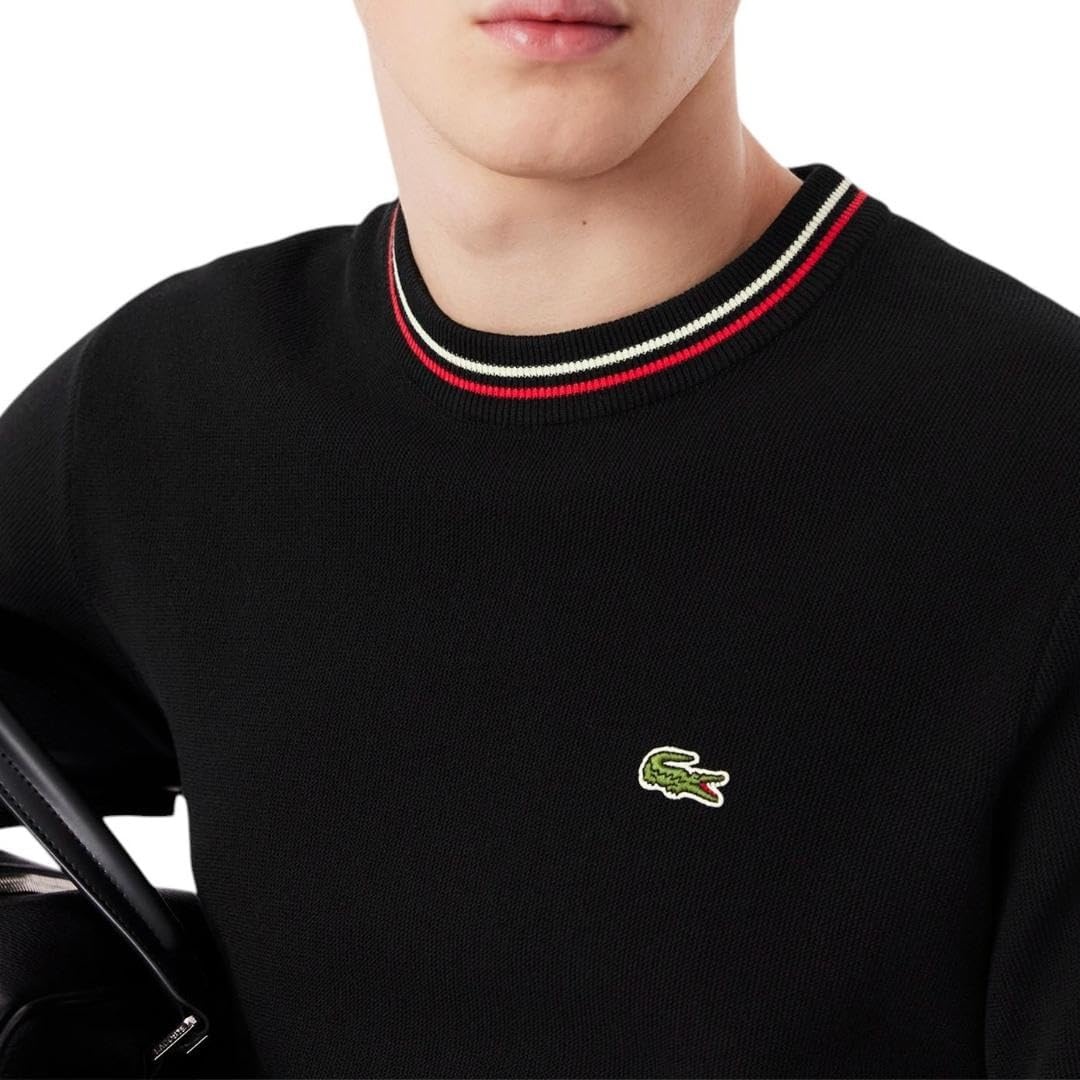image:imageLacoste Mens Classic Fit Stripe Detail Knit TShirtBlack Red Off White