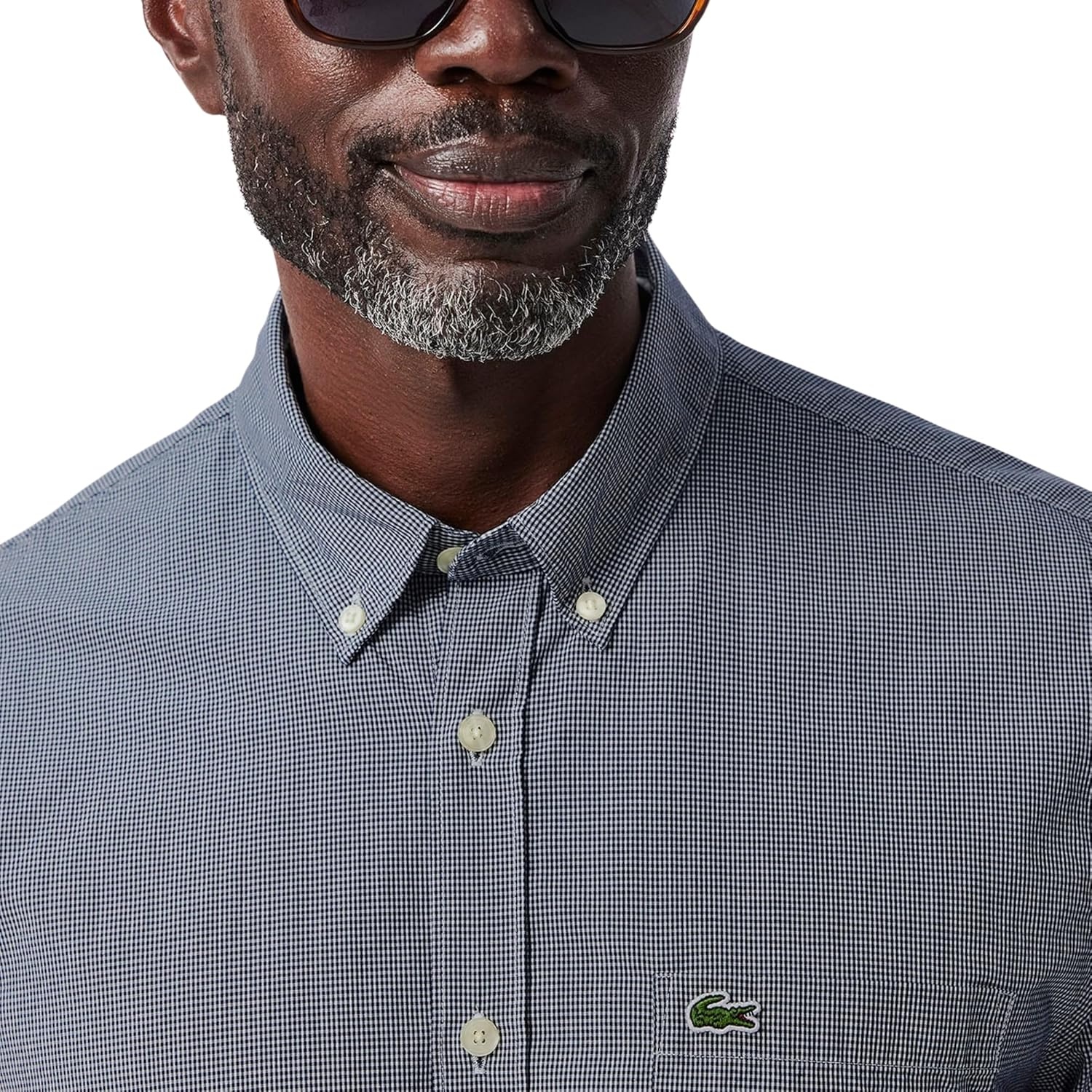 image:imageLacoste Mens Core Collection Regular Fit Short Sleeve Checked ShirtWhiteNavy Blue Gingham