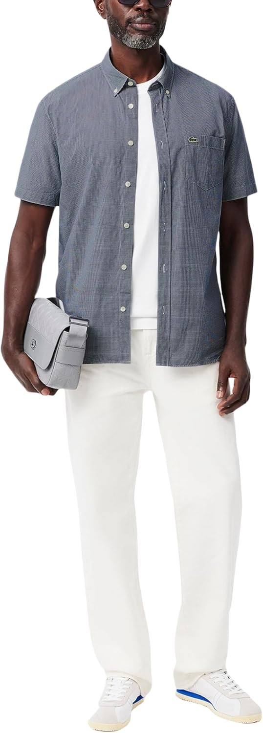 image:imageLacoste Mens Core Collection Regular Fit Short Sleeve Checked ShirtWhiteNavy Blue Gingham