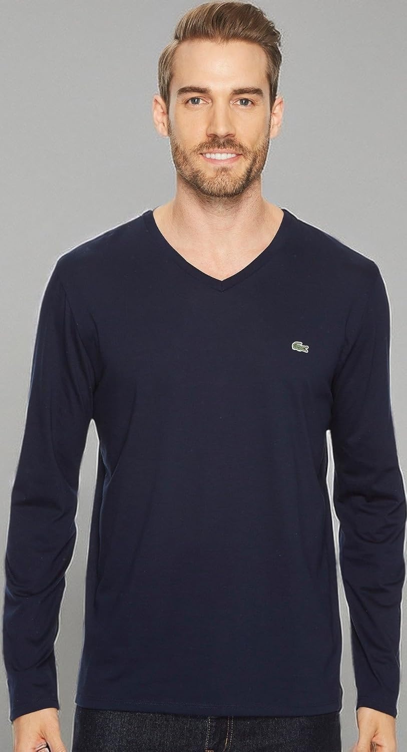 image:imageLacoste Mens Long Sleeve Lightweight Cotton Pima VNeck TShirtNavy Blue