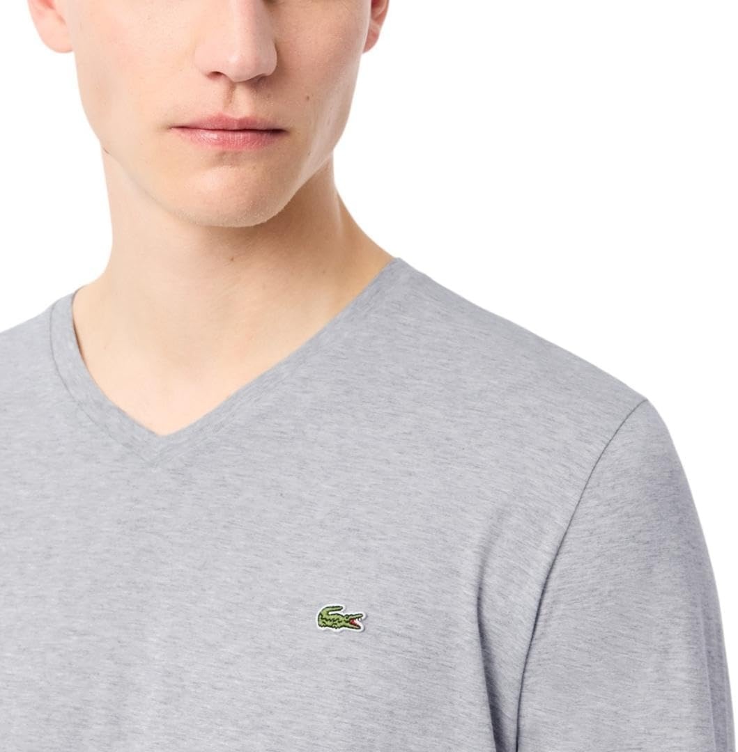 image:imageLacoste Mens Long Sleeve Lightweight Cotton Pima VNeck TShirtSilver Chine