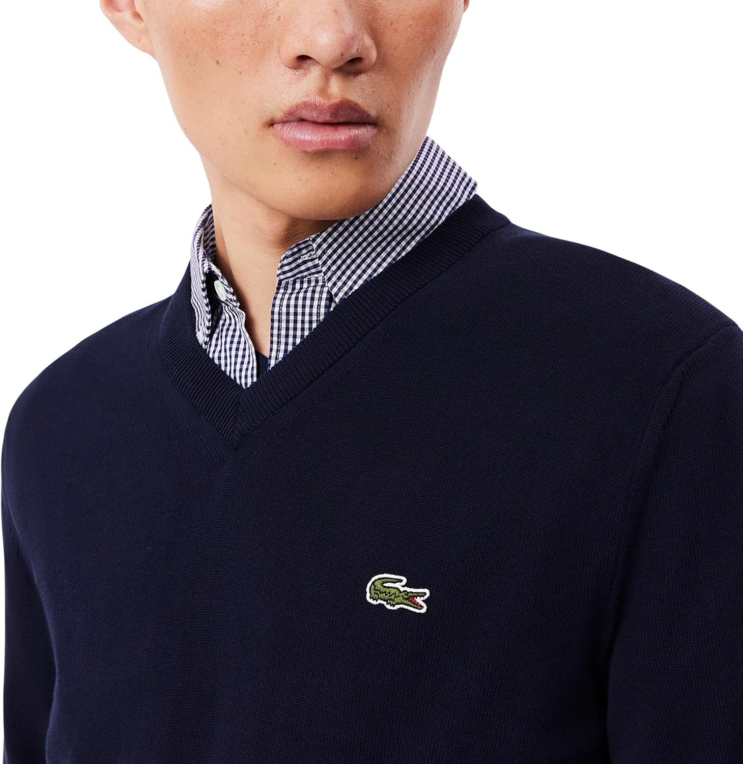 image:imageLacoste Mens Monochrome Cotton Vneck SweaterNavy Blue