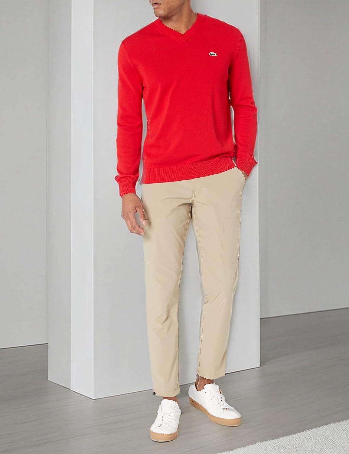 image:imageLacoste Mens Monochrome Cotton Vneck SweaterRed