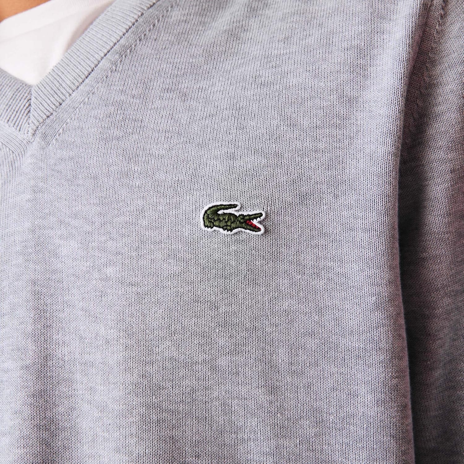 image:imageLacoste Mens Monochrome Cotton Vneck SweaterSilver Chine
