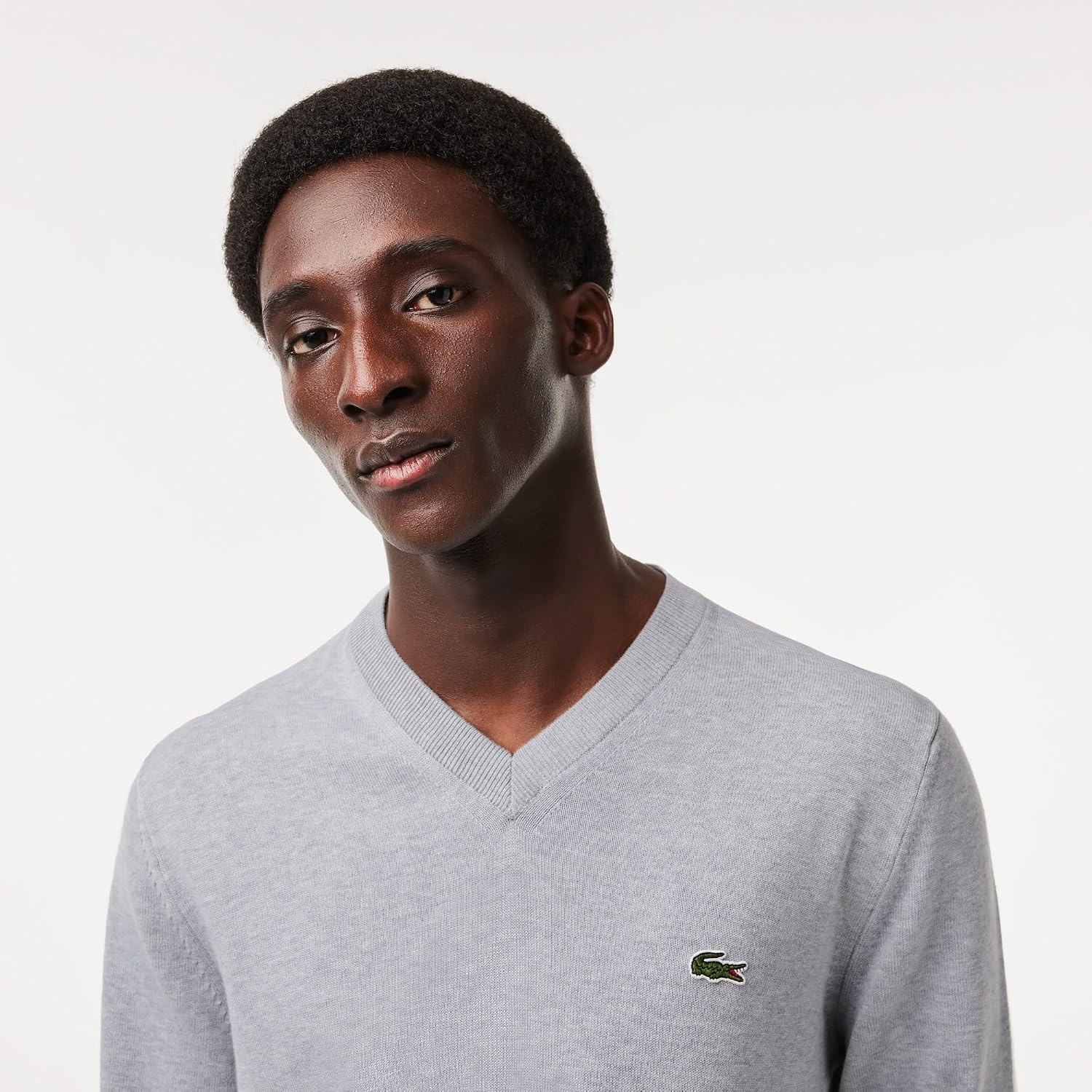 image:imageLacoste Mens Monochrome Cotton Vneck SweaterSilver Chine