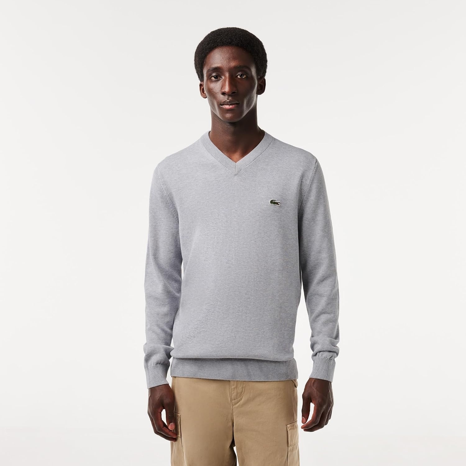 image:imageLacoste Mens Monochrome Cotton Vneck SweaterSilver Chine
