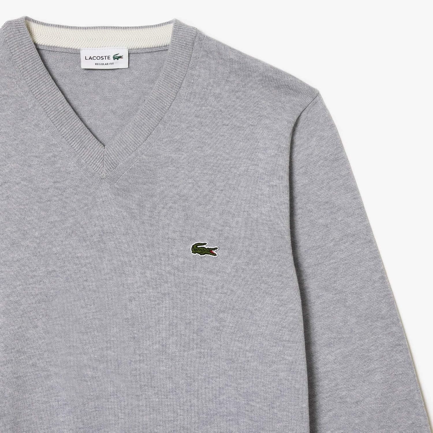 image:imageLacoste Mens Monochrome Cotton Vneck SweaterSilver Chine