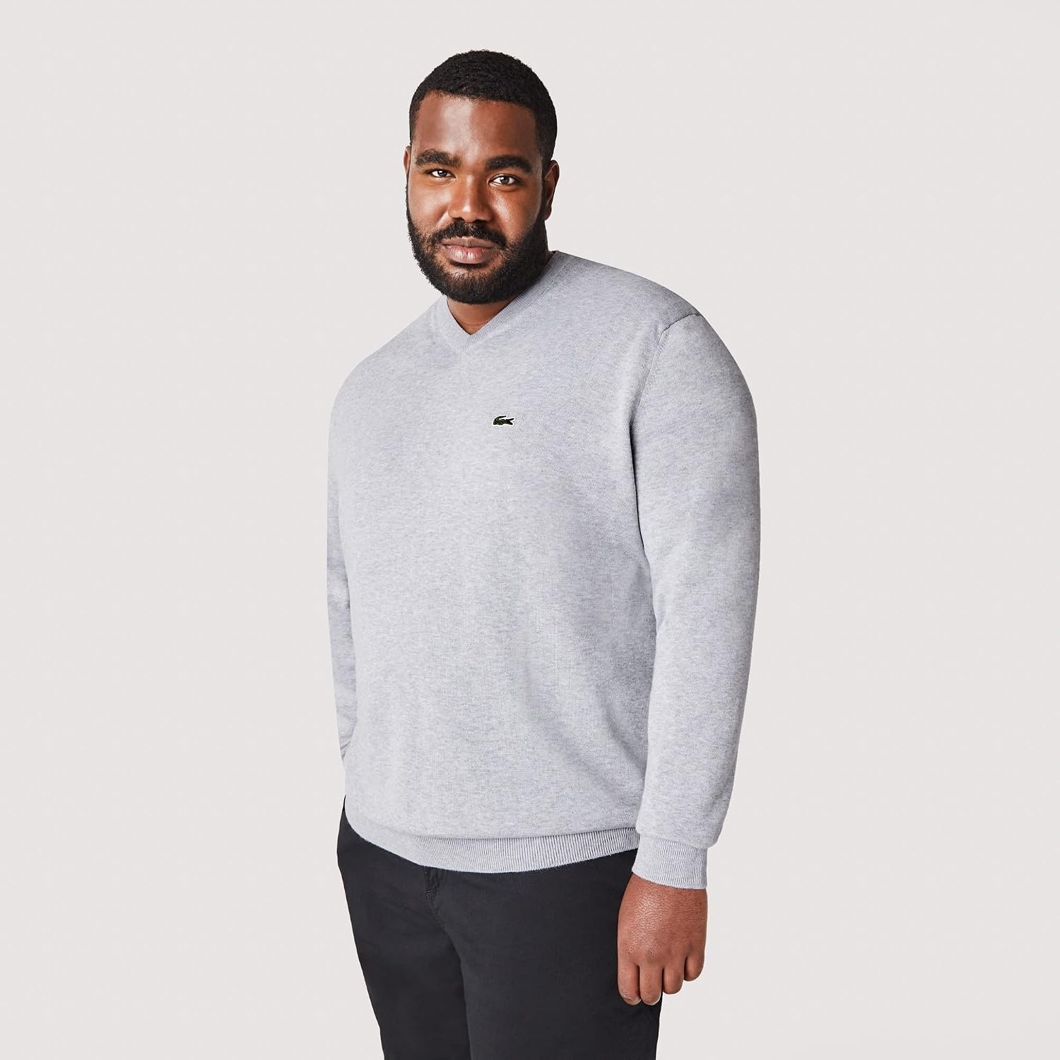 image:imageLacoste Mens Monochrome Cotton Vneck SweaterSilver Chine