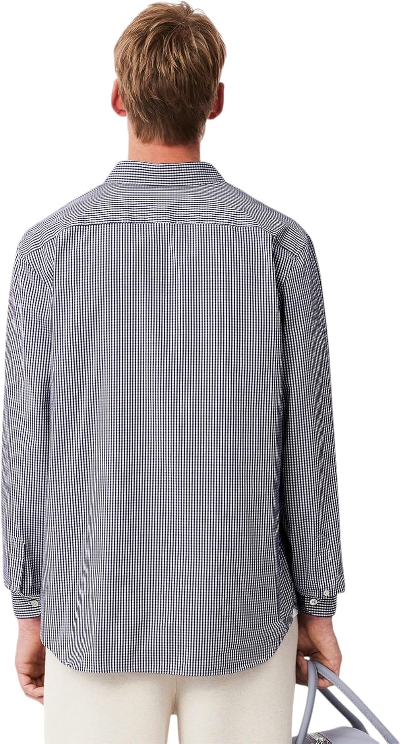 image:imageLacoste Mens Regular Fit Checked Cotton ShirtWhiteNavy Blue