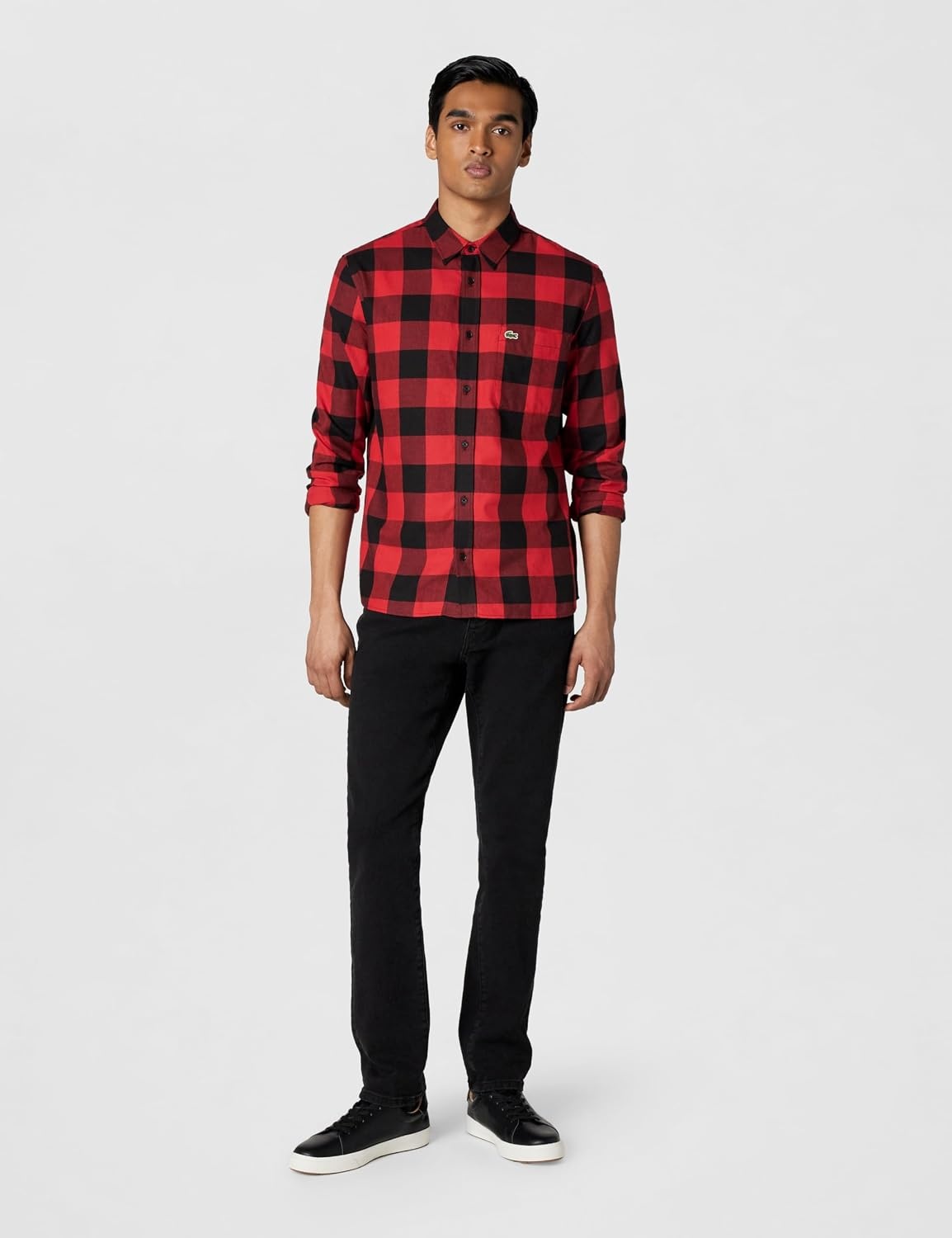 image:imageLacoste Mens Regular Fit Cotton amp Wool OvershirtBlackRed