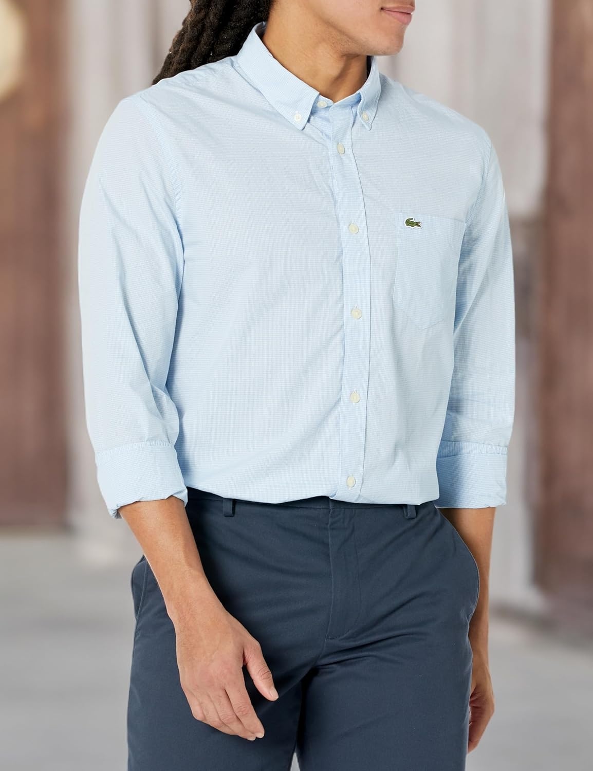 image:imageLacoste Mens Regular Fit Gingham Poplin ShirtBlancPanorama