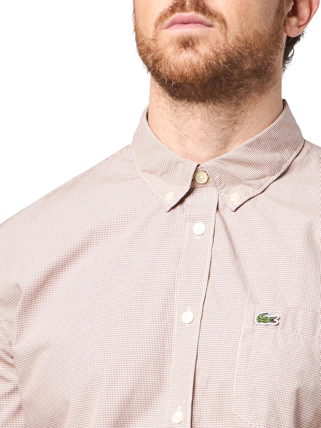 image:imageLacoste Mens Regular Fit Gingham Poplin ShirtWhiteDate Brown
