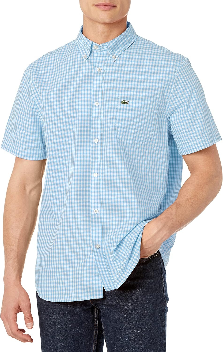image:imageLacoste Mens Regular Fit Gingham Poplin ShirtWhiteNattier Blue